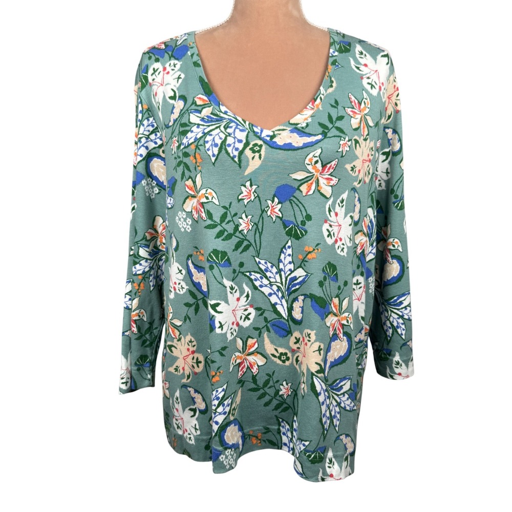Chico's Womens Sz 4 / XXL Top Green Floral V Neck Pima Cotton Knit Shirt Cottage